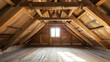 A photo of a renovated attic with the old wooden beams exposed and carefully restored using traditional Scandinavian wood treatment ods bringing warmth and history to the