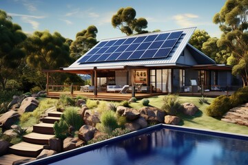 Eco-friendly house design ideas on the roof with solar panels, renewable electricity, environmentally friendly