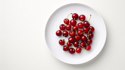 Wall Mural - Cherries, on a white round plate, on a white background, top view