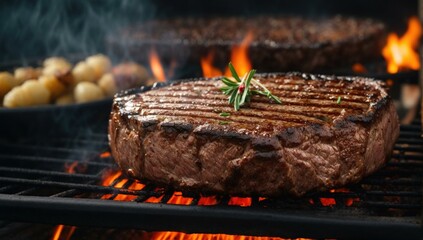 Sticker - Grilled steak on the grill with potatoes and vegetables. Generative AI.