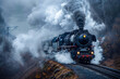 Old fashioned vintage locomotive enveloped in smoke steam engine
