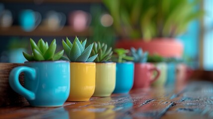 A row of colorful cups with succulents in them on a table, AI