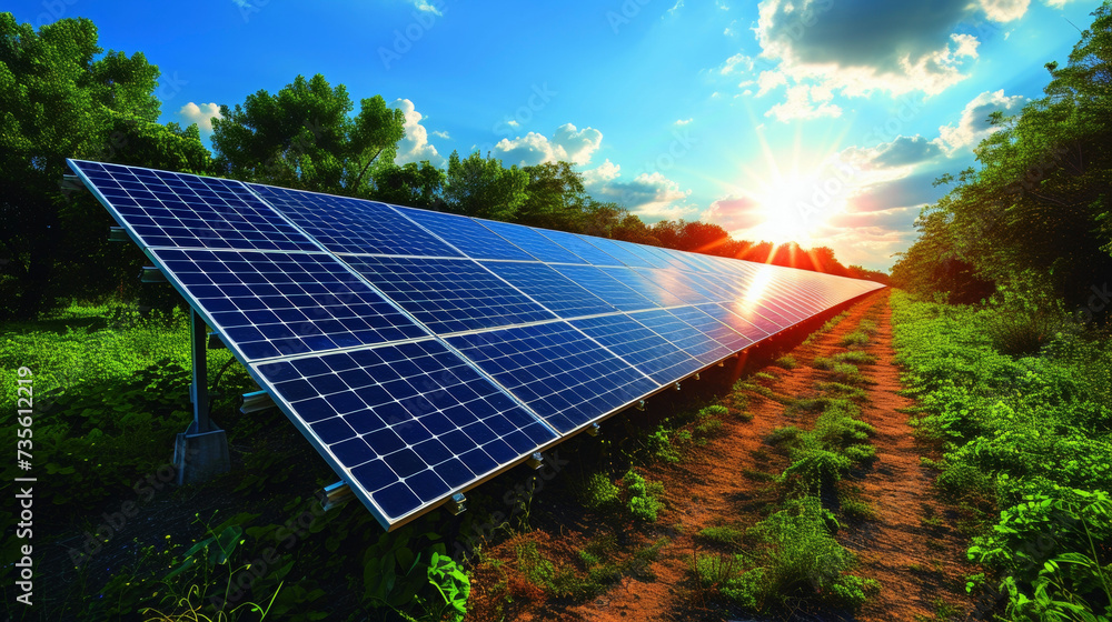 An outdoor shot of a solar panel array on a roof with the sun shining ...
