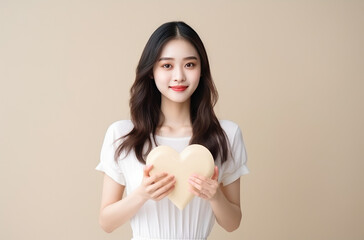 A beautiful young woman with hand holding blank paper heart shape cardboard. Liebe symbol.	
