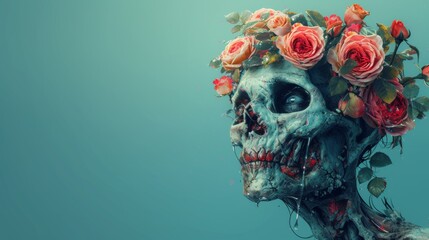 Sticker - A skull with flowers in its hair and a blue background, AI