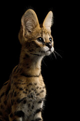 Wall Mural - Portrait of stunning Serval Cat isolated on Black Background in studio profile view