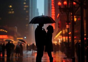 Wall Mural - A couple standing under an umbrella in the rain. Generative AI.