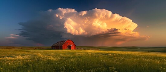 Poster - Scenic View of Beautiful Red Barn in Lush Green Field Surrounded by Nature