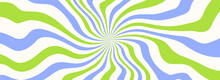Trippy Burst Lines Background. Psychedelic Wavy Stripes Wallpaper. Green Blue White Groovy Twisted Sunburst Swirl. Distorted Curly Wave Texture Design For Poster, Banner, Cover, Print. Vector Backdrop