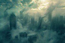 Post Apocalyptic Scenery With Damaged And Smoking City In Clouds