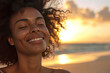 closeup A joyous black woman embracing herself on a beach at sunrise, exuding self-love and tranquility.