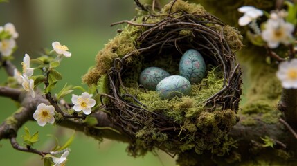 Poster - A nest with three eggs in it on a tree branch, AI