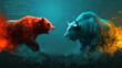 red bear and a blue bull are facing off against a dark background with splashes of color and a financial chart in the corner