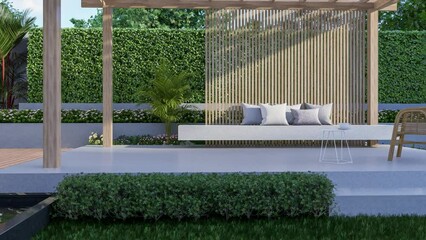 Wall Mural - Animation of modern contemporary style green garden with wooden pavilion 3d render, there are empty green lawn decorated with black tiled pond with fountain.