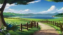 Beautiful Countryside Next To The Sea
 Landscape With Blue Sky, Fluffy Clouds, Green Grass, Wooden Fence, And A Charming Rural Vibe, Anime Style, Anime Background, Generative Ai