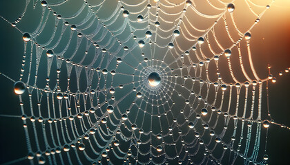 a macro shot of morning dew on a spider web. The scene captures the intricate patterns of the spider web, each strand delicately adorned with dewdrops. The early morning light enhances the beauty