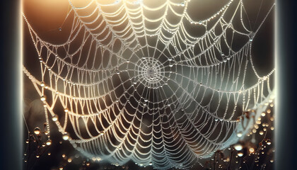 the serene beauty of morning dew on a spider web is created, showcasing the intricate patterns with each strand delicately adorned by dewdrops. The early morning light highlights the dewdrops