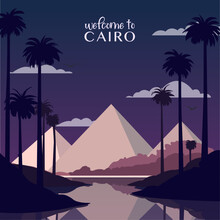 Pyramid Complex, Cairo Retro City Poster With Abstract Shapes Of Skyline, Buildings At Night. Vintage Egypt Landmark Travel Vector Illustration