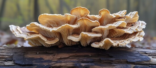 Wall Mural - Tranquil Cluster of Wild Mushrooms on a Weathered Log in Enchanted Forest Setting