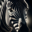 the mesmerizing details of a zebra's face with a focus on the intricate patterns of its fur and the dynamic interplay of light and shadow