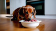 A dachshund dog eats raw meat from an iron bowl that stands on the floor in the kitchen. Proper nutrition for dogs, raw food. Care and feeding of a pet. Vitamins and minerals in feed.