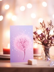 Sticker - A card with a pink tree on a table. Generative AI.