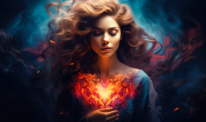  Mystical Portrait of a Woman Embracing a Vibrant Heart-shaped Nebula, Symbolizing Love, Emotion, and the Cosmic Connection of the Soul