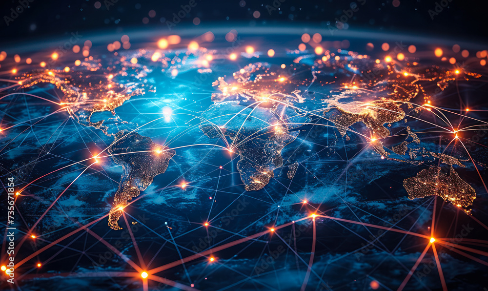 Global Network Connections with Glowing Nodes and Lines on World Map ...