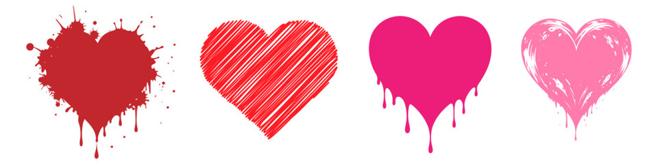 Sticker - set of red heart, sketch, paint, drip, splatter heart shape