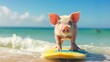 A cute pig surfer enjoys a fun-filled summer day at the beach, riding waves with enthusiasm, Ai Generated.