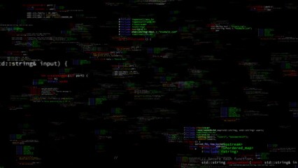Abstract futuristic technology background with C++ source code snippets, data and cyber security, 3D animation, concept, ideas, 4k