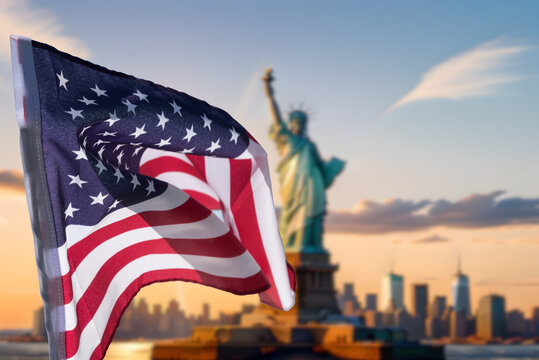 flag of america and statue of liberty in new york