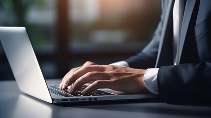 Close up of a business man working on a laptop, typing with his hands for work in office environment home office. copy space for text.