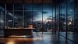 © Naknakhone - Creative glass office hall interior with wooden and concrete walls, window with night city view. copy space for text.
