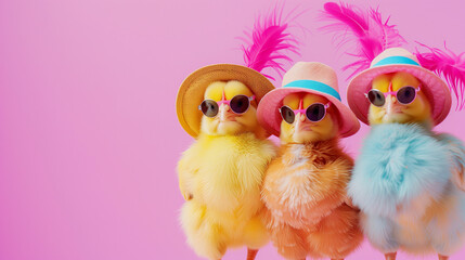 A group of Cute Funny Chicks Wearing Sunglasses  and Straw Hat