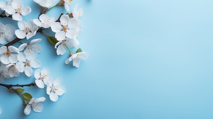 Wall Mural - Beauty background with facial cosmetic products, leaves and cherry blossom on pastel blue desktop background. Modern spring skin care layout, top view, flat lay.