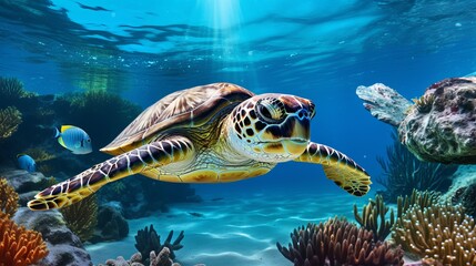 Wall Mural - Collage of underwater world with sea turtle family swimming in the depth