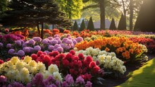 Garden Of Of Blooming Flowers In Springtime