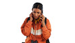 Woman, hiking and phone call or confused conversation or camping directions or vacation, trekking or mistake. Female person, cellphone and isolated transparent png background, reception or connection