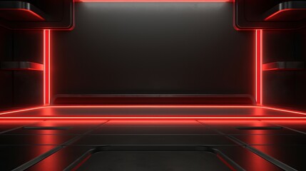 Futuristic sci-fi abstract red neon light shapes on black background and reflective concrete with blank space for 3D text rendering