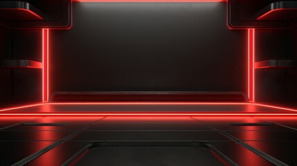 futuristic sci-fi abstract red neon light shapes on black background and reflective concrete with bl