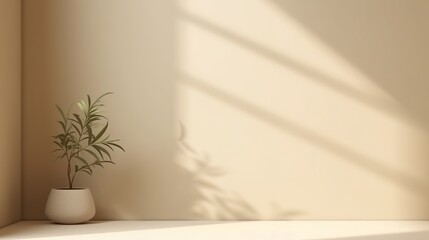 Wall Mural - Minimalistic abstract gentle light beige background for product presentation with light andand intricate shadow from the window and vegetation on wall