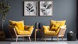 Stylish composition of living room interior with design rattan armchair, two mock up poster frames, plants, cube, palid and personal accessories in honey yellow home decor. Template