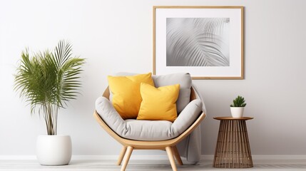 Stylish composition of living room interior with design rattan armchair, two mock up poster frames, plants, cube, palid and personal accessories in honey yellow home decor. Template