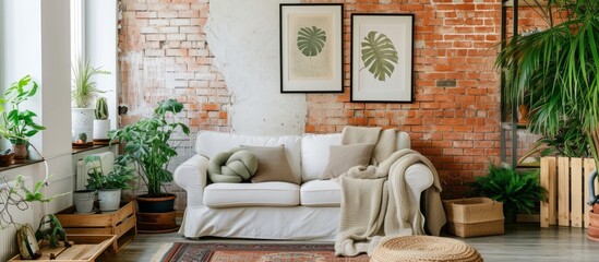 Canvas Print - Comfortable living room with a luxurious couch and soft rug for cozy relaxation and entertaining guests