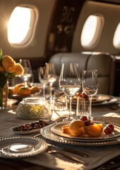 Elegant dining table set with fine china and glassware in the cabin of a private jet, with sunlight streaming through the window.