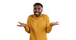 Confused, doubt and portrait of man with dont know, gesture on isolated, png and transparent background. Why, questions and face of unsure person with hand gesture for oops, mistake and decision