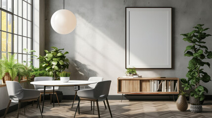 Poster - the essence of modern interior design, featuring a minimalist dining area bathed in natural sunlight with lush green plants, creating a serene and inviting space.
