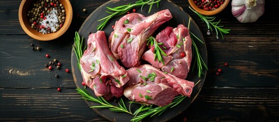 Poster - A plate of raw meat seasoned with fresh herbs and spices, ready for cooking and grilling