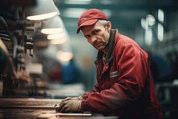 Wall Mural - a man in a red jacket working on a machine